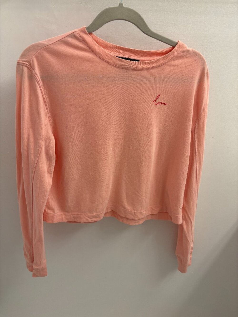 French Connection Pink Long Sleeve Crop with "Love" Embroidered (XS)